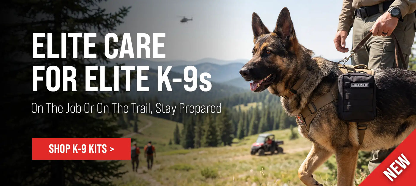 Black tactical vest with ’elite care’ branding on the front, worn by a german shepherd k-9 dog.