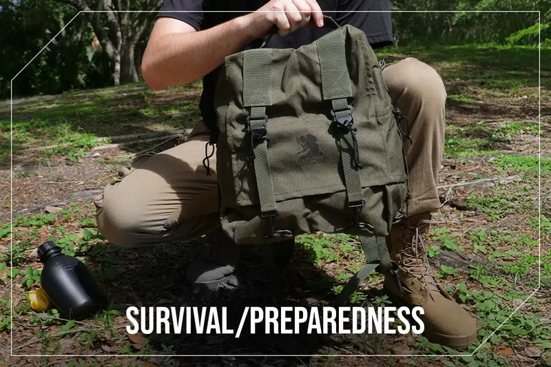 Olive green tactical backpack with multiple external pockets and adjustable straps.