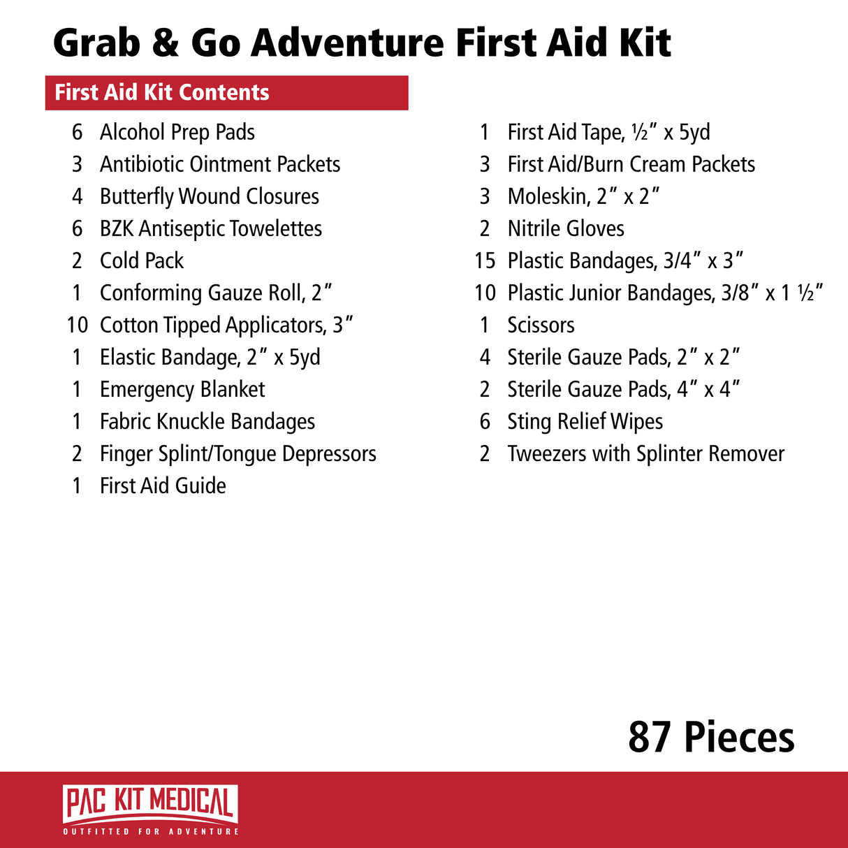 Pac-Kit 87 Piece Grab & Go Adventure First Aid Kit - Kits 96086 Elite