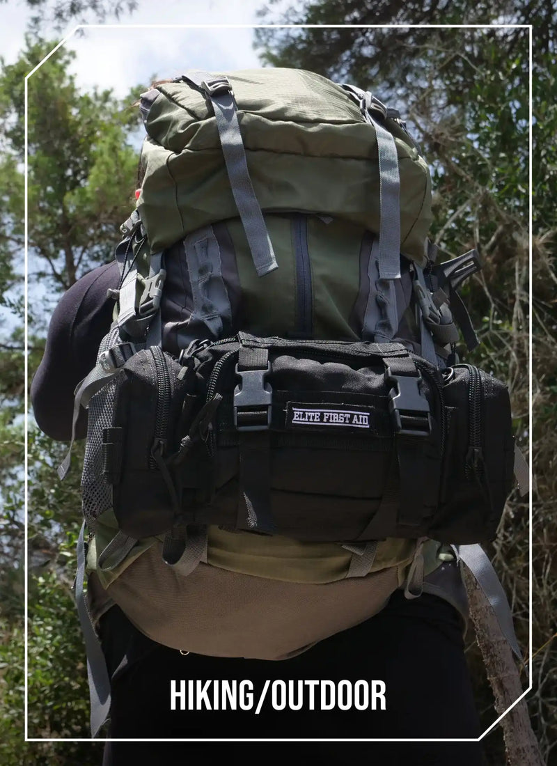 Green and black hiking backpack with a first aid pouch