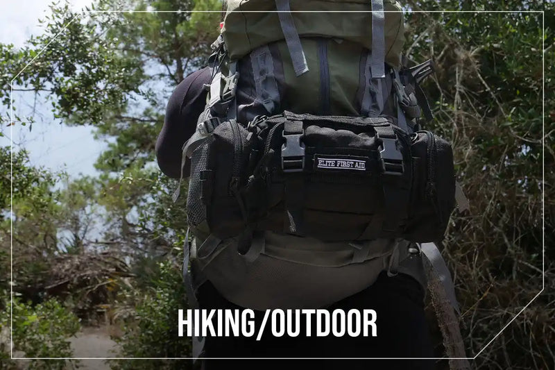 Olive green hiking backpack with a black fanny pack attachment.