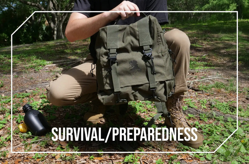 Olive green canvas backpack with black buckles and adjustable straps.