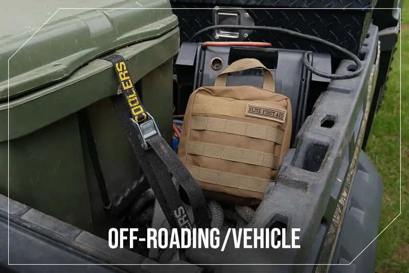 A tan tactical first aid kit bag.